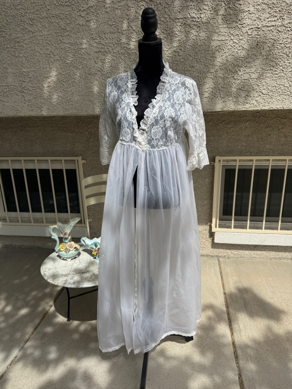 Vintage Teri-She White Lace Robe Duster | Sheer Bridal Lingerie | Romantic - Picture 6 of 10